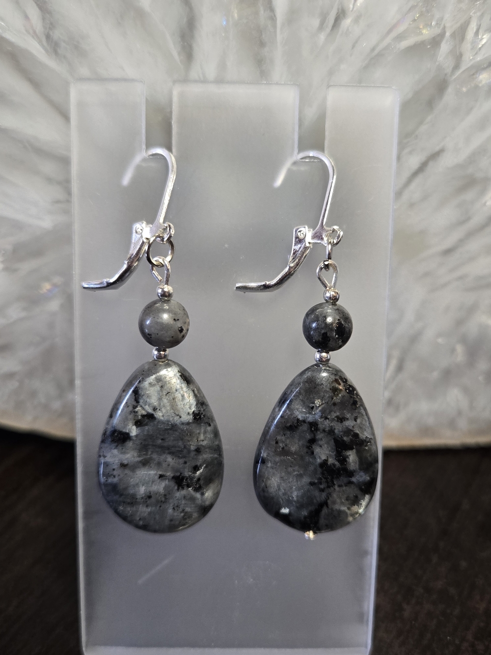 Teardrop Larvikite Dangle Earrings - Picture 2 of 2